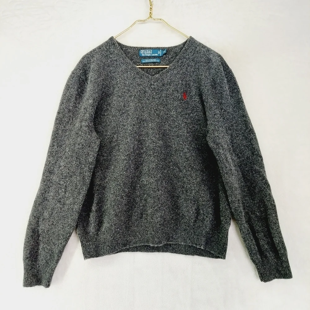 Polo by Ralph Lauren Gray & Black Long Sleeves V-Neck Pullover Sweaters 3526